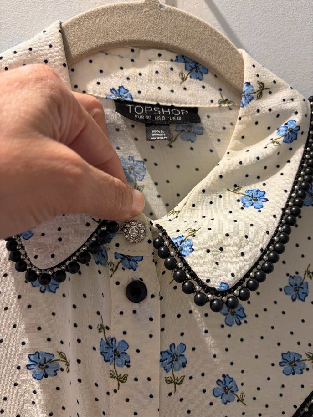 Topshop Floral Polka Dot Beaded Trim Blouse | Peter Pan Collar | Size 8 - Picture 3 of 6